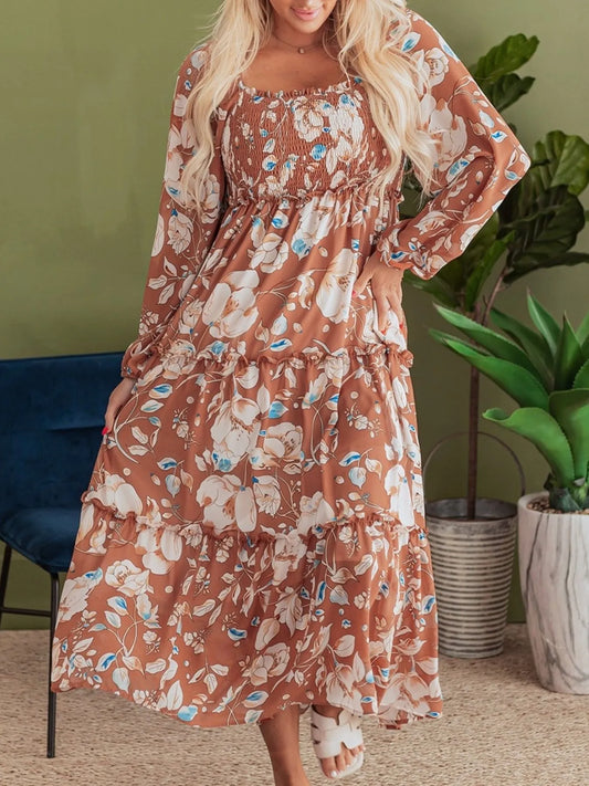 Elara smocked printed long sleeve tiered dress - women's fashion at A&P Apparel