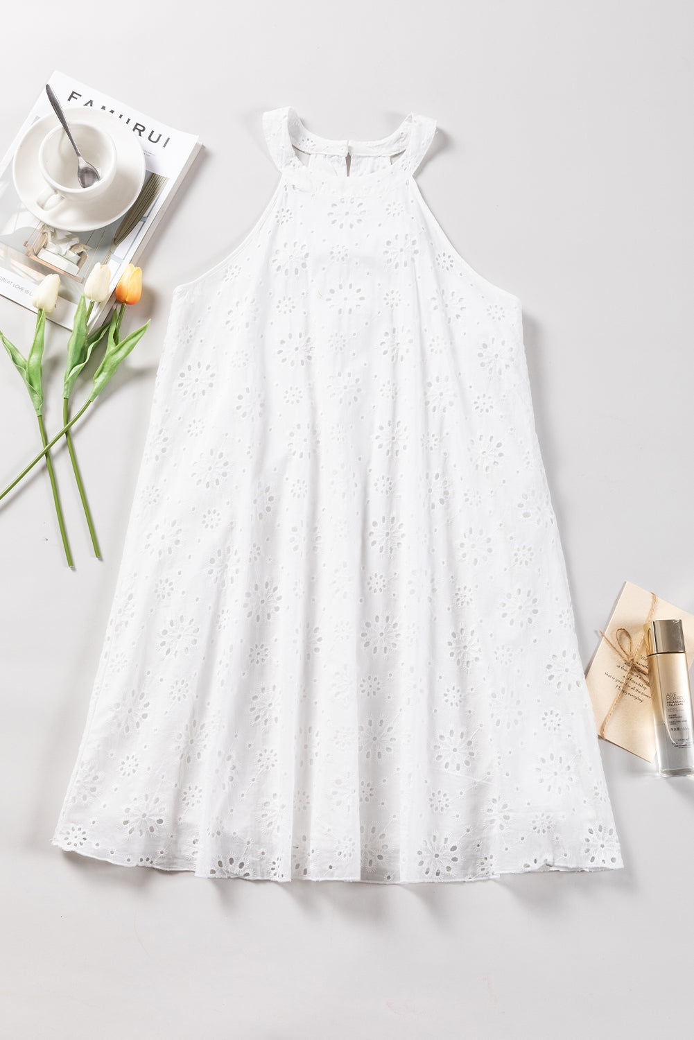 White Lace Eyelet Sleeveless O-Neck Keyhole Back Mini Dress