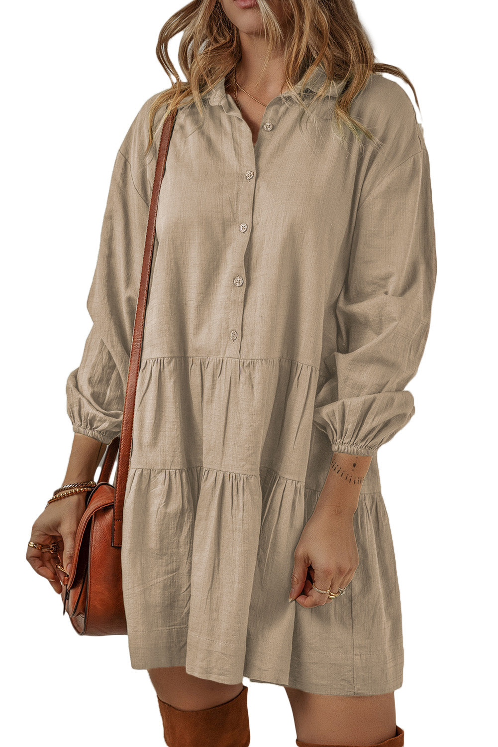 Tan Puff Sleeve Buttoned Tiered Pleated Mini Shirt Dress