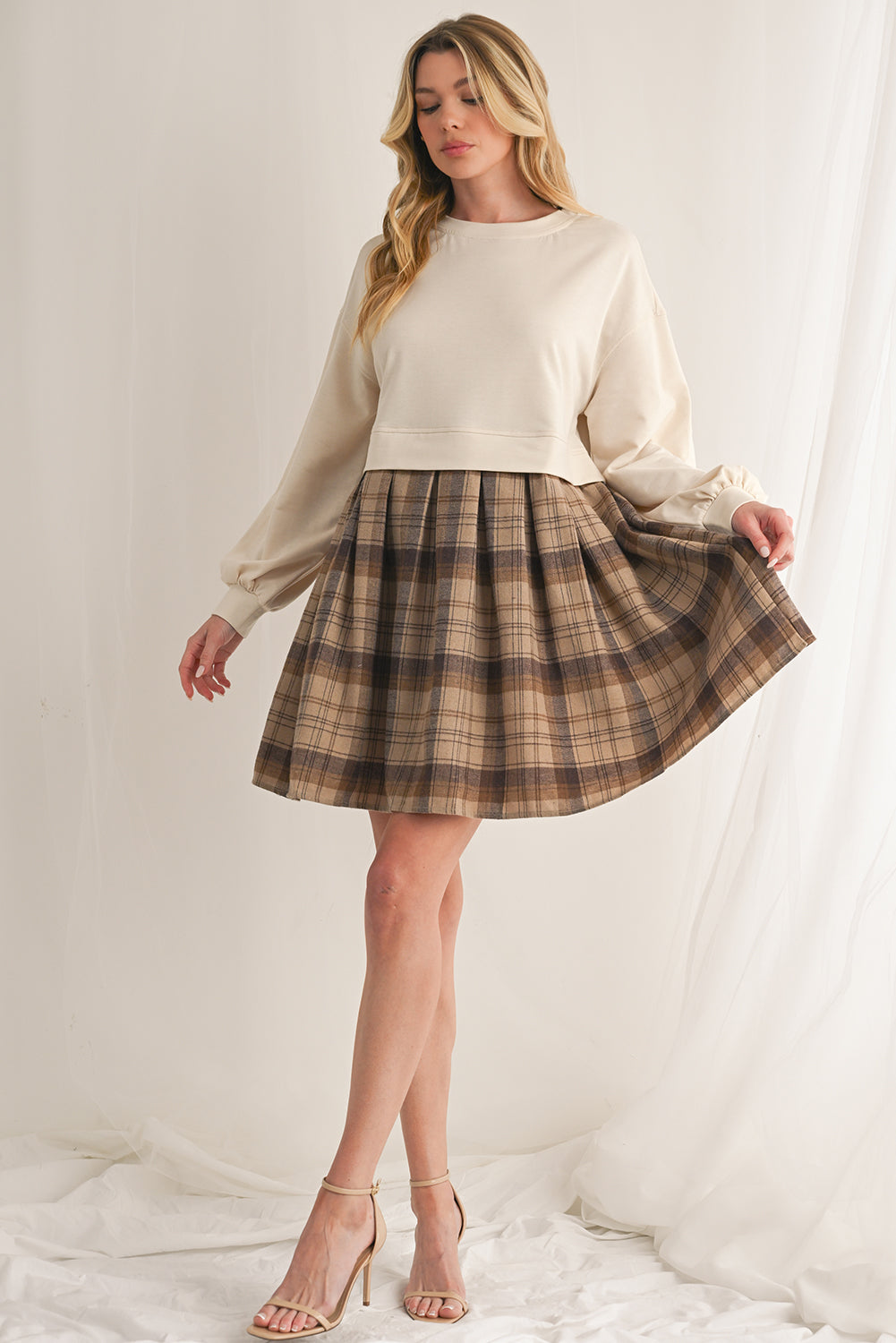 Beige Plaid Patchwork High Waist Sweatshirt Mini Dress