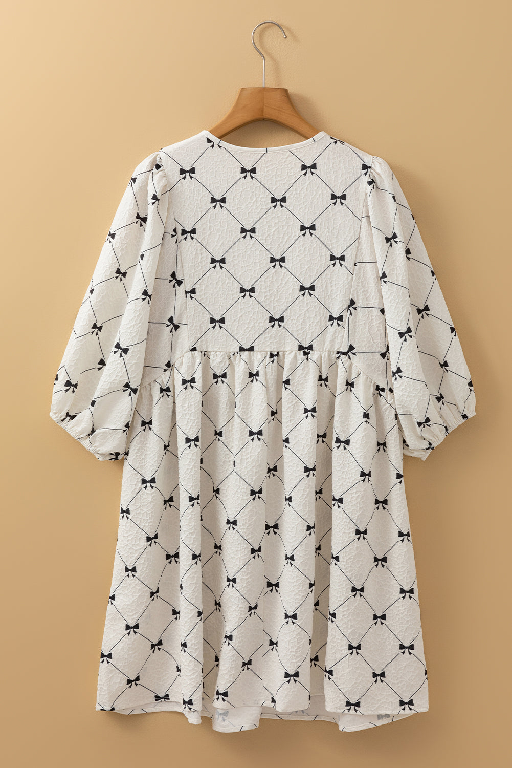 White Sweet Bow Print Lantern Sleeve Mini Dress