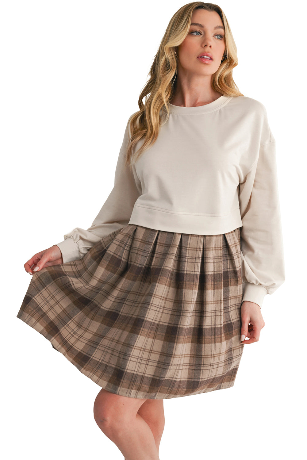 Beige Plaid Patchwork High Waist Sweatshirt Mini Dress