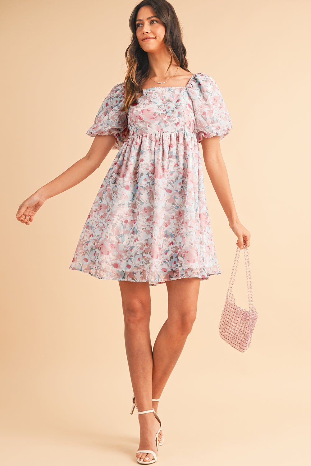 Pink Floral Lantern Sleeve Square Neck Ruffled Mini Dress