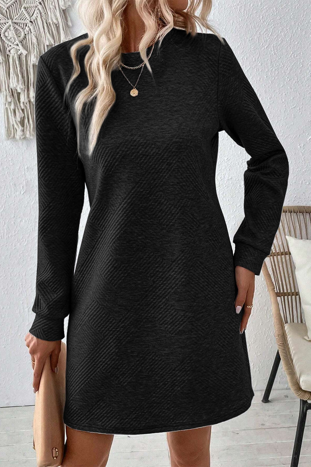 Apricot Plain Textured Long Sleeve Shift Short Dress