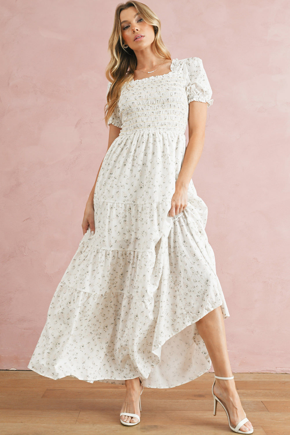 White Frill Neckline Shirred Bodice Floral Maxi Dress