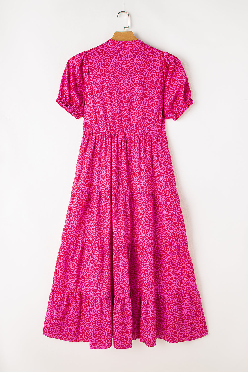 Rose Red Mock Neck Puff Sleeve Floral Tiered Maxi Dress