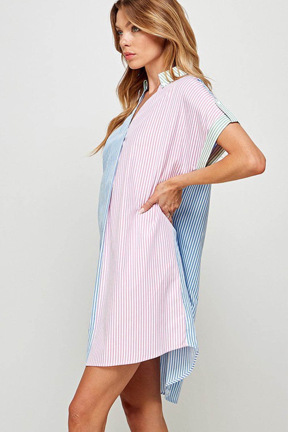 Sky Blue Stripe Colorblock Collared Mini Shirt Dress