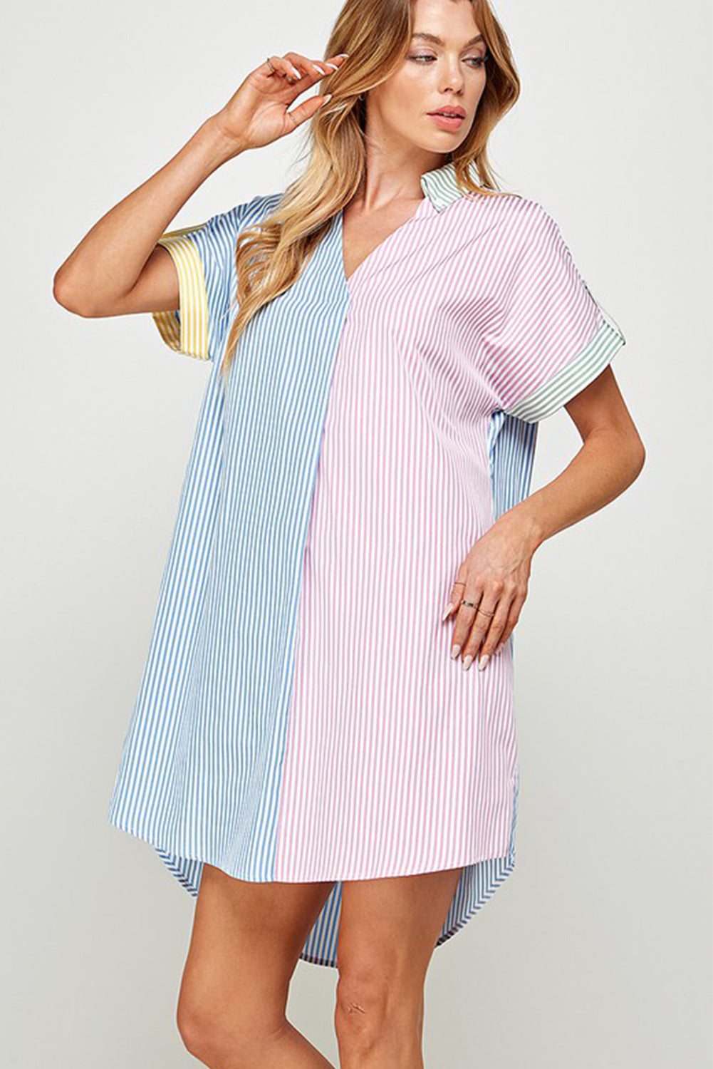 Sky Blue Stripe Colorblock Collared Mini Shirt Dress