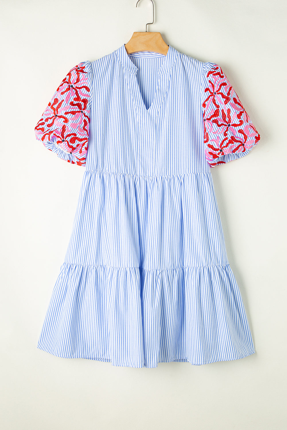 Sky Blue Stripe Floral Puff Sleeve Ruffle Tiered Dress