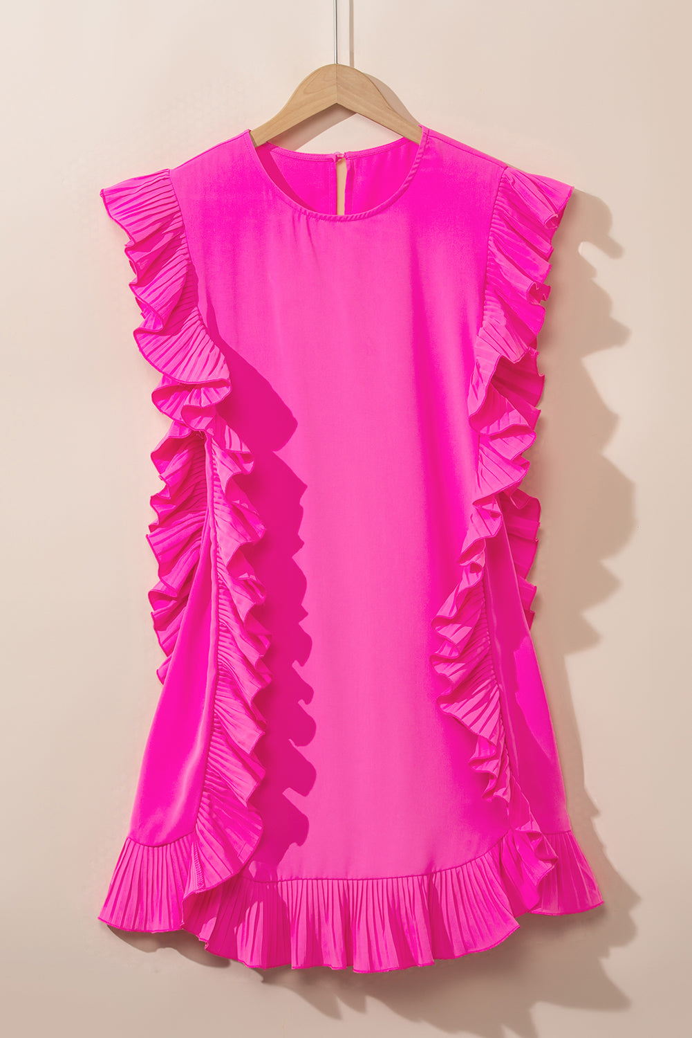 Bright Pink Ruffle Trim Short Sleeve Mini Dress