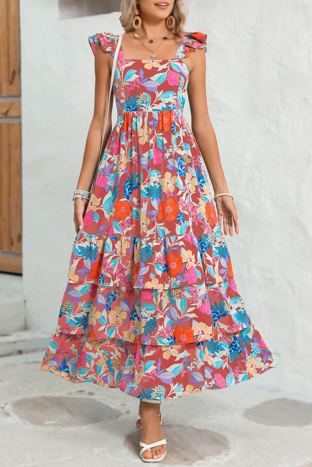 Pink Floral Print Sleeveless Ruffle Tiered Maxi Dress