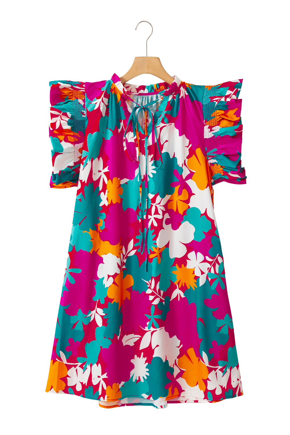 Multicolour Floral Tie Split Neck Flutter Sleeve Mini Dress