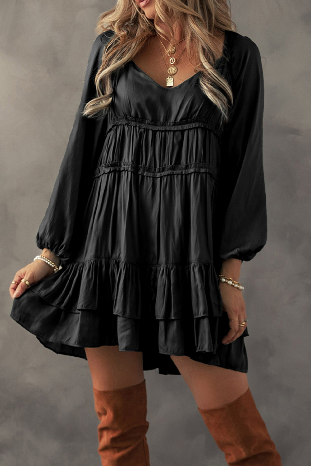 Black Puff Sleeve Loose Fit Tiered Ruffle Mini Dress