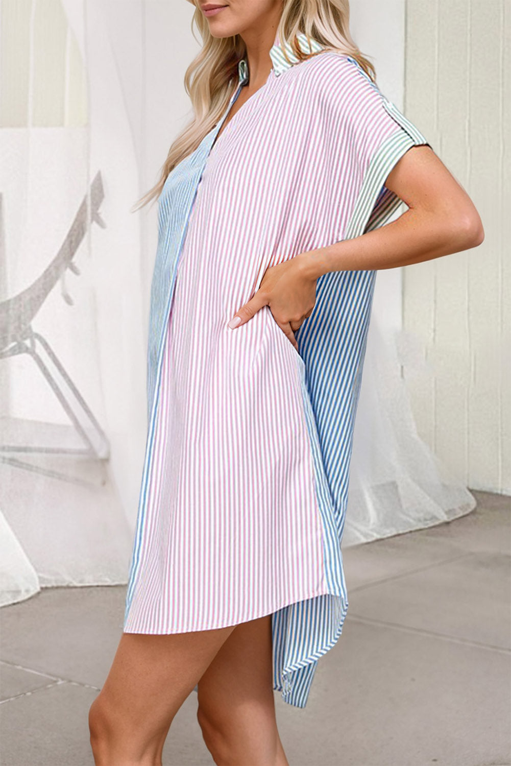 Sky Blue Stripe Colorblock Collared Mini Shirt Dress