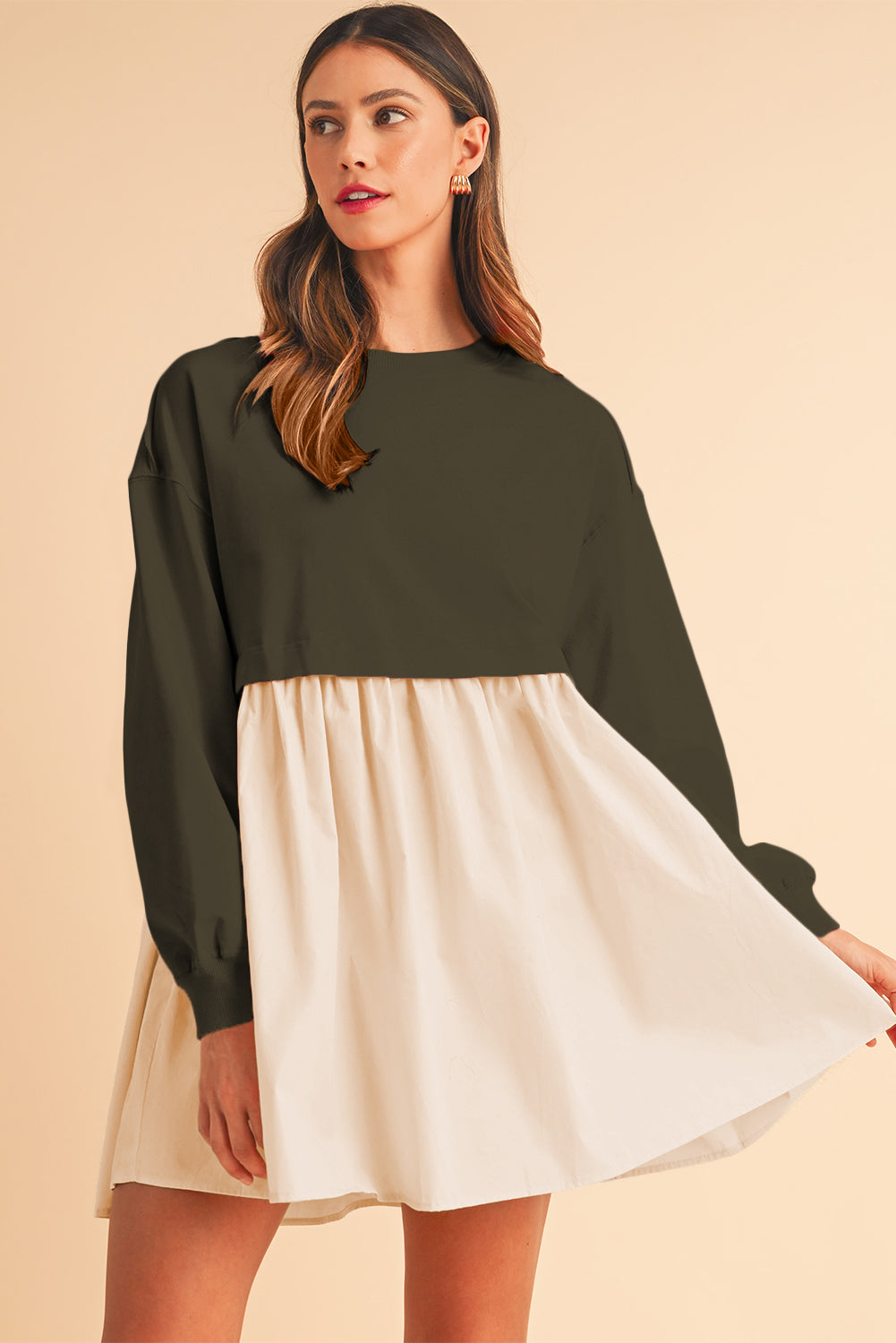 Jungle Green Sweatshirt Patchwork Flowy Pleated Mini Dress