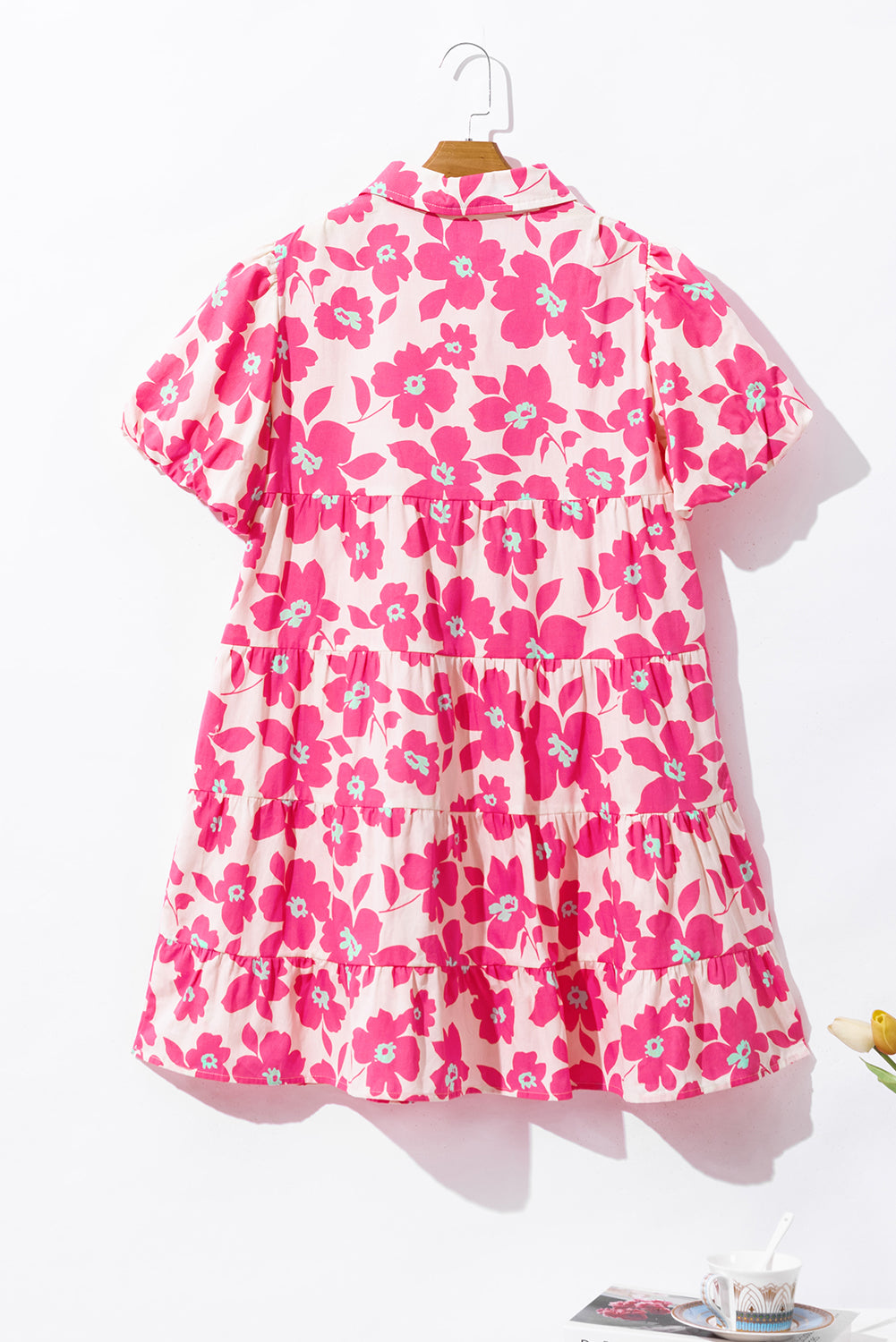 Pink Boho Floral Lantern Sleeve Flared Mini Dress