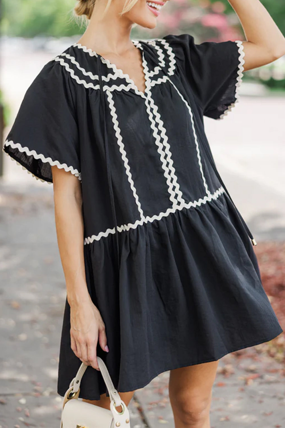 Black V Neck Ricrac Detail Bell Sleeve Mini Dress