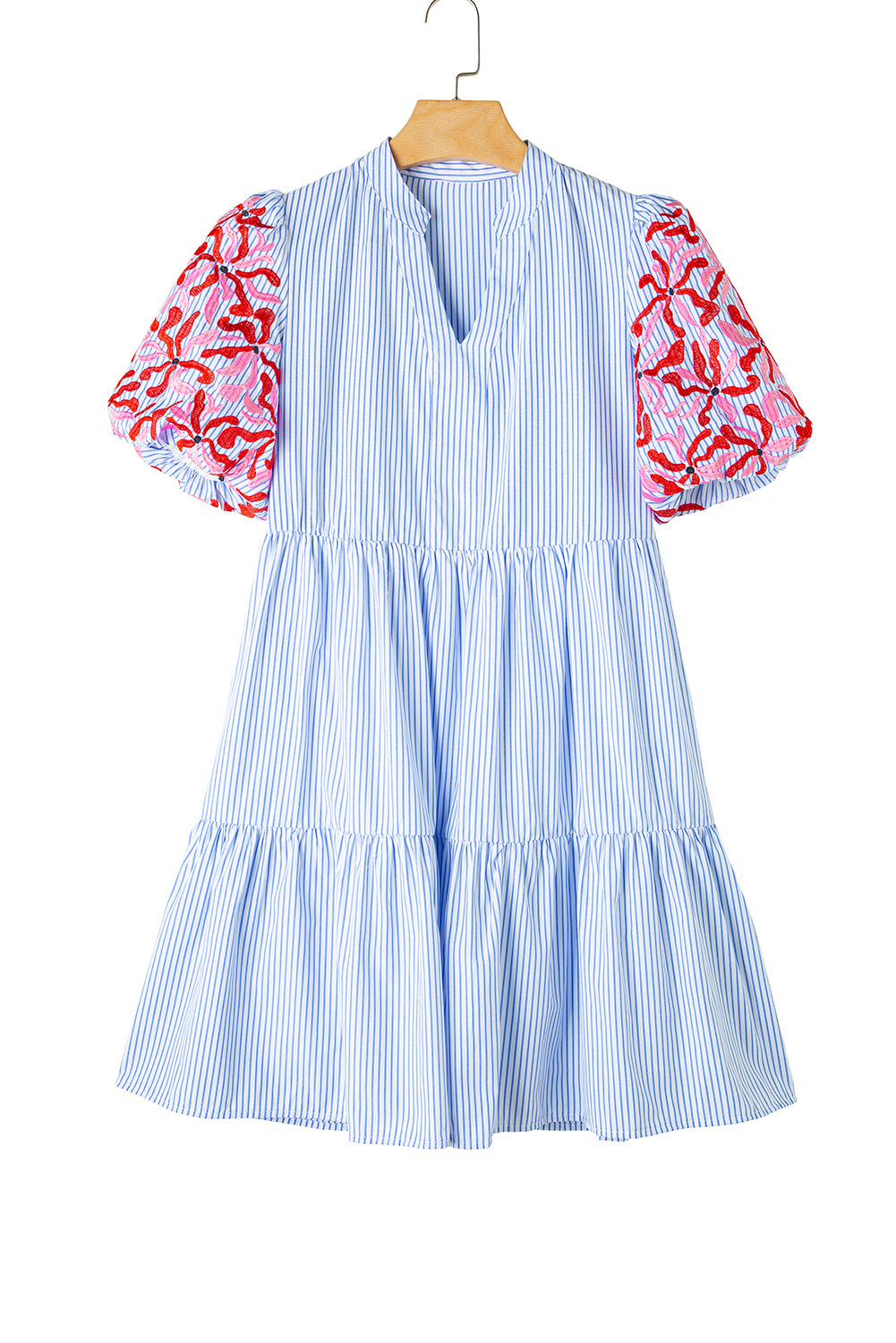 Sky Blue Stripe Floral Puff Sleeve Ruffle Tiered Dress