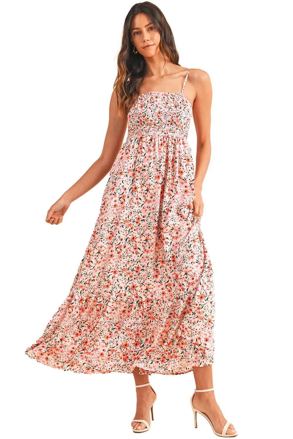 White Boho Floral Self-tie Smocked Ruffle Maxi Dress