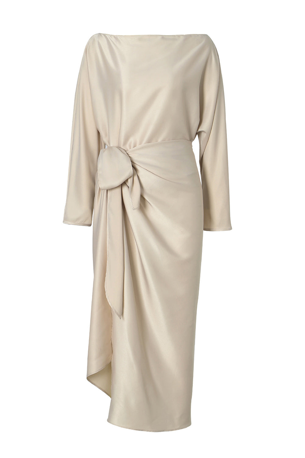 Apricot Satin Elegant Wrap Tie Side Boat Neck Long Sleeve Dress