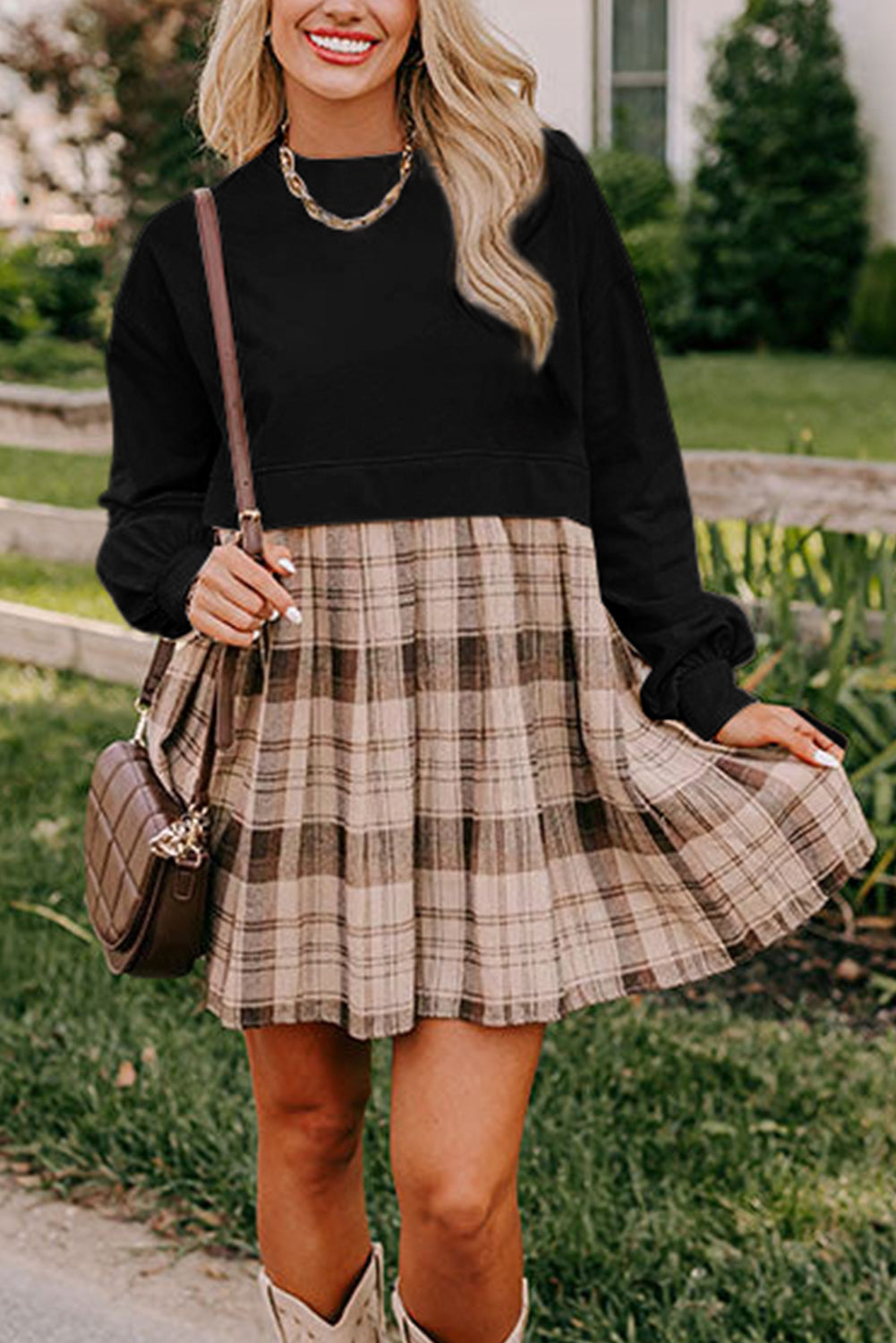 Beige Plaid Patchwork High Waist Sweatshirt Mini Dress