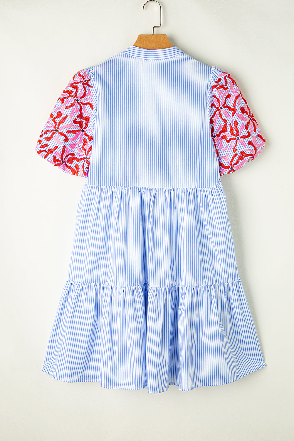 Sky Blue Stripe Floral Puff Sleeve Ruffle Tiered Dress