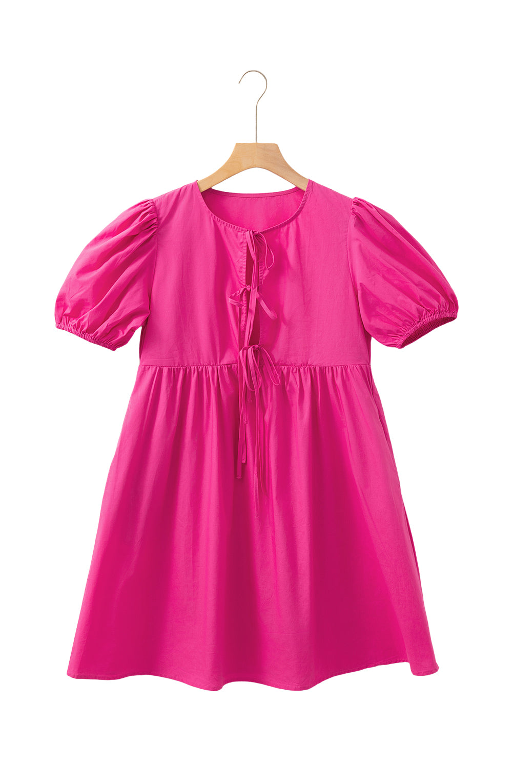 Bright Pink Tie Front Puff Sleeve Mini Dress