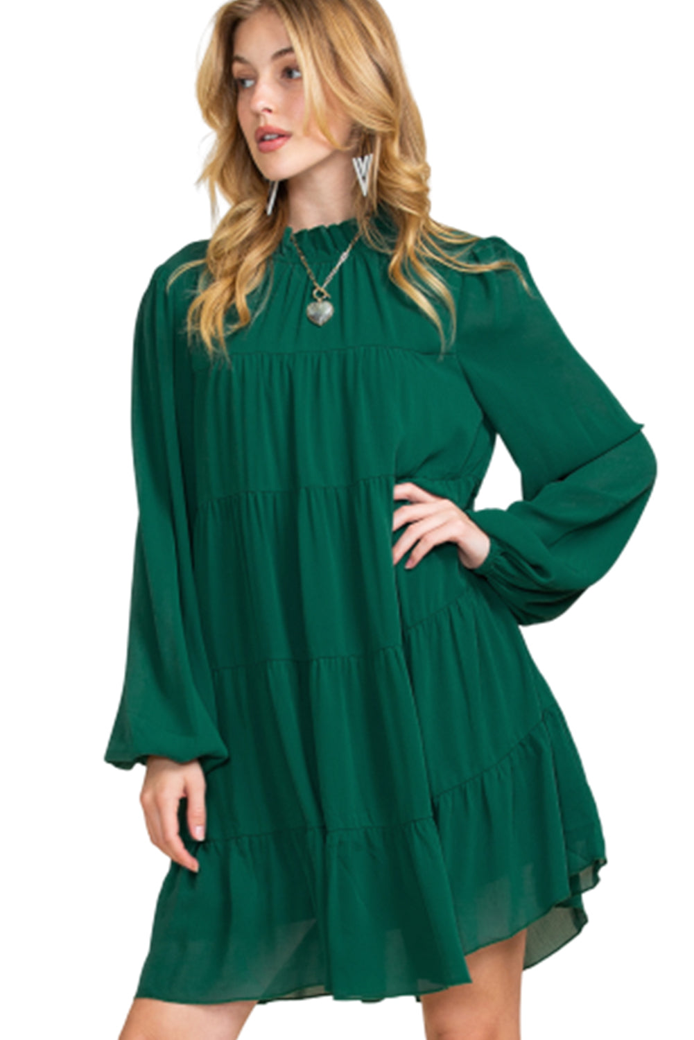 Green Mock Neck Solid Color Pleated Mini Dress