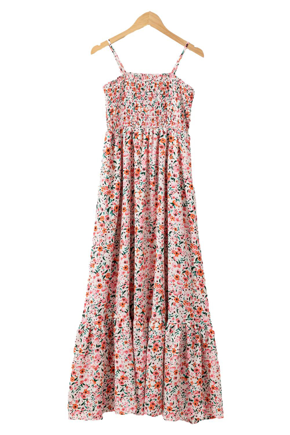 White Boho Floral Self-tie Smocked Ruffle Maxi Dress