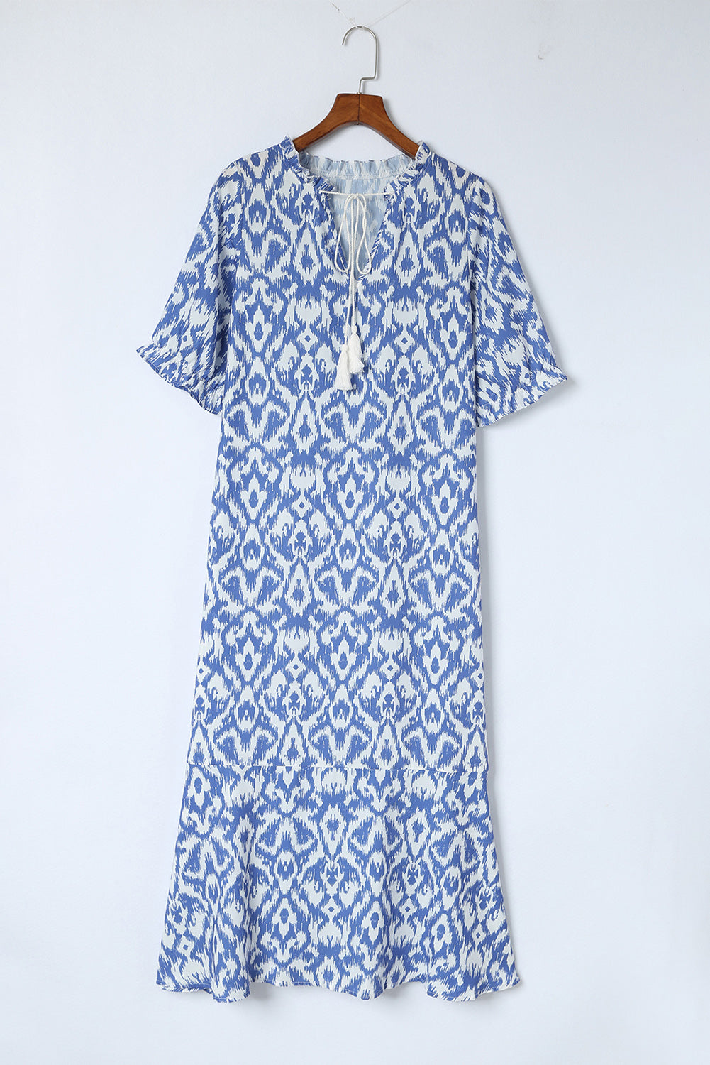 Sky Blue Geometric Print Casual V Neck Maxi Dress