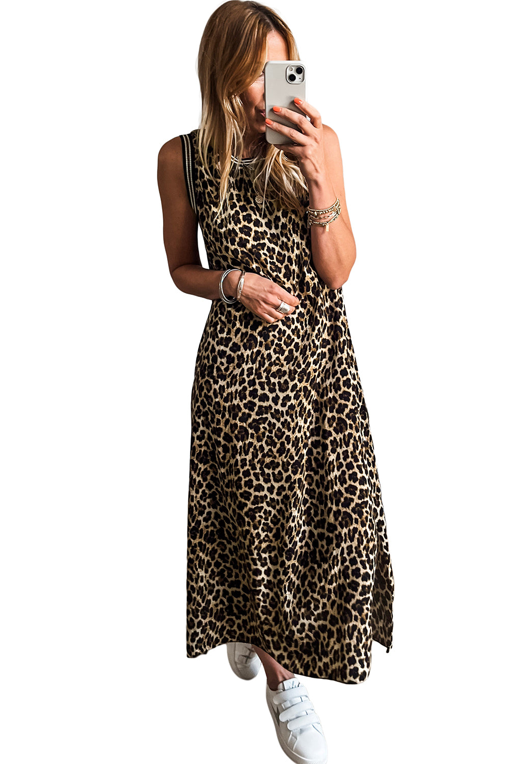 Black Contrast Striped Trim Leopard Sleeveless Midi Dress