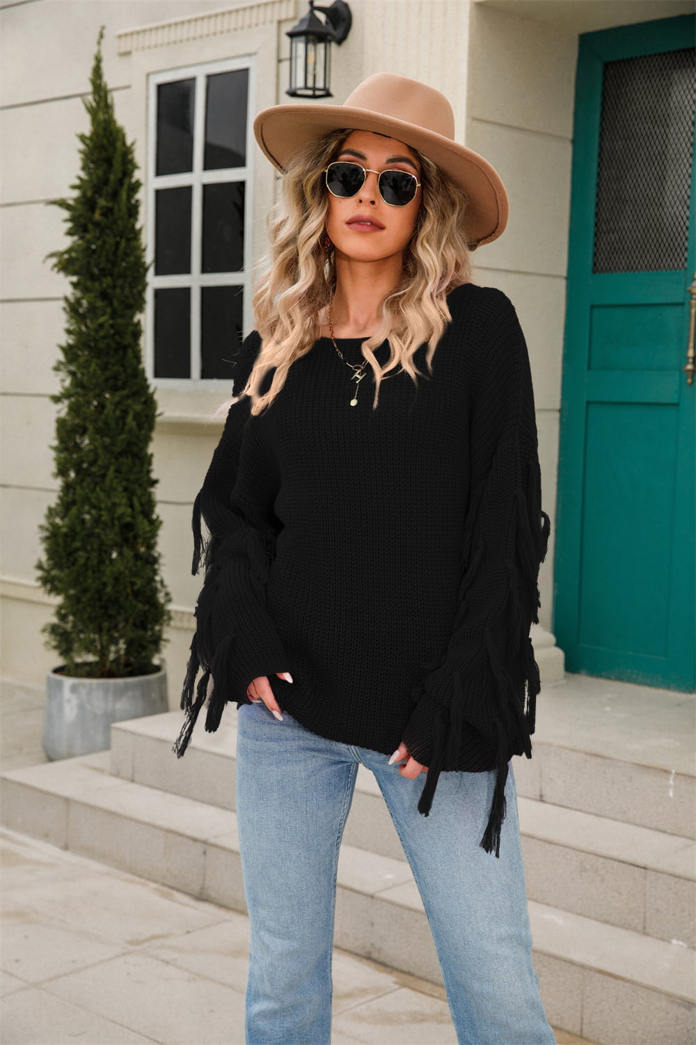 Ribbed Round Neck Fringe Detail Sweater