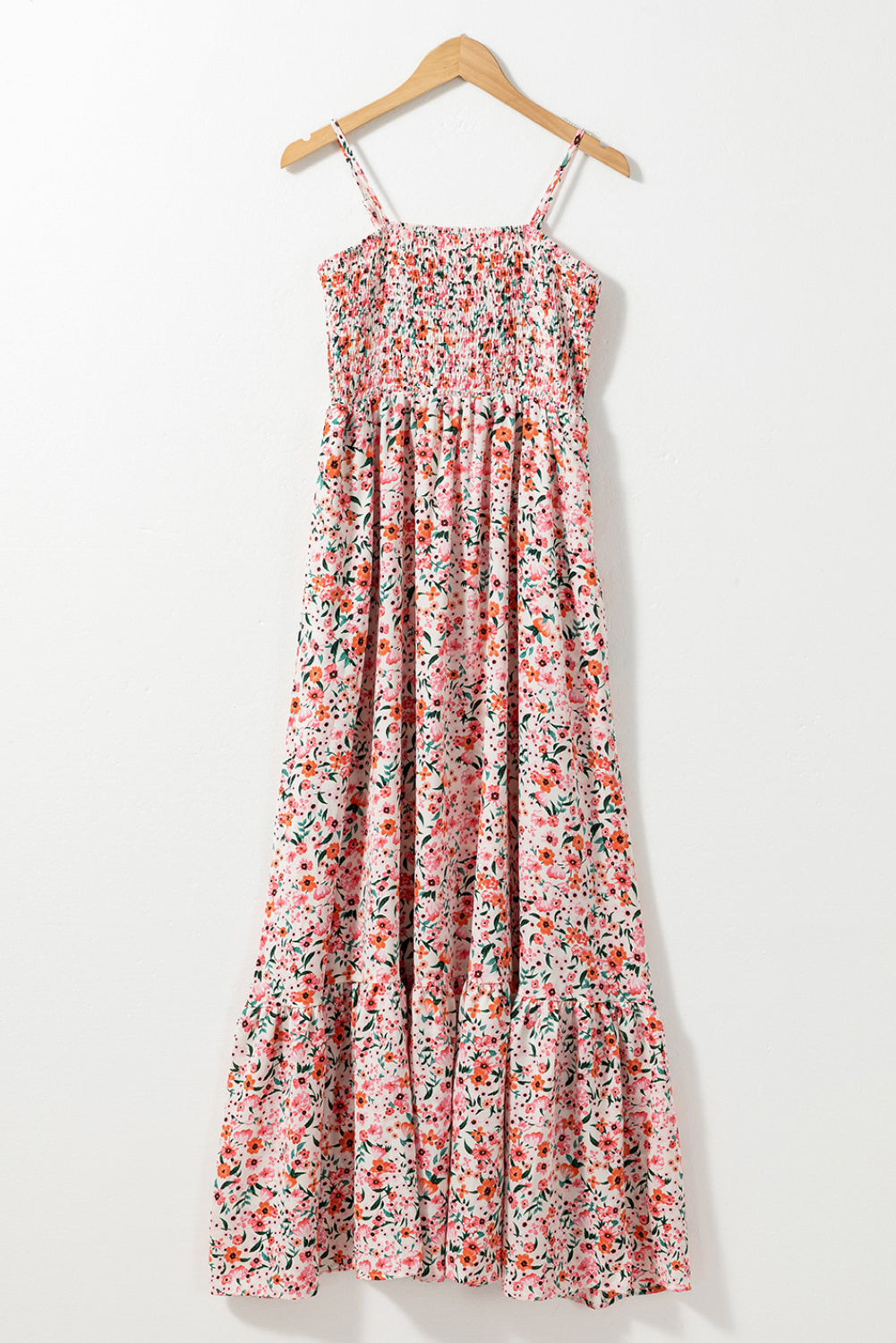 White Boho Floral Self-tie Smocked Ruffle Maxi Dress