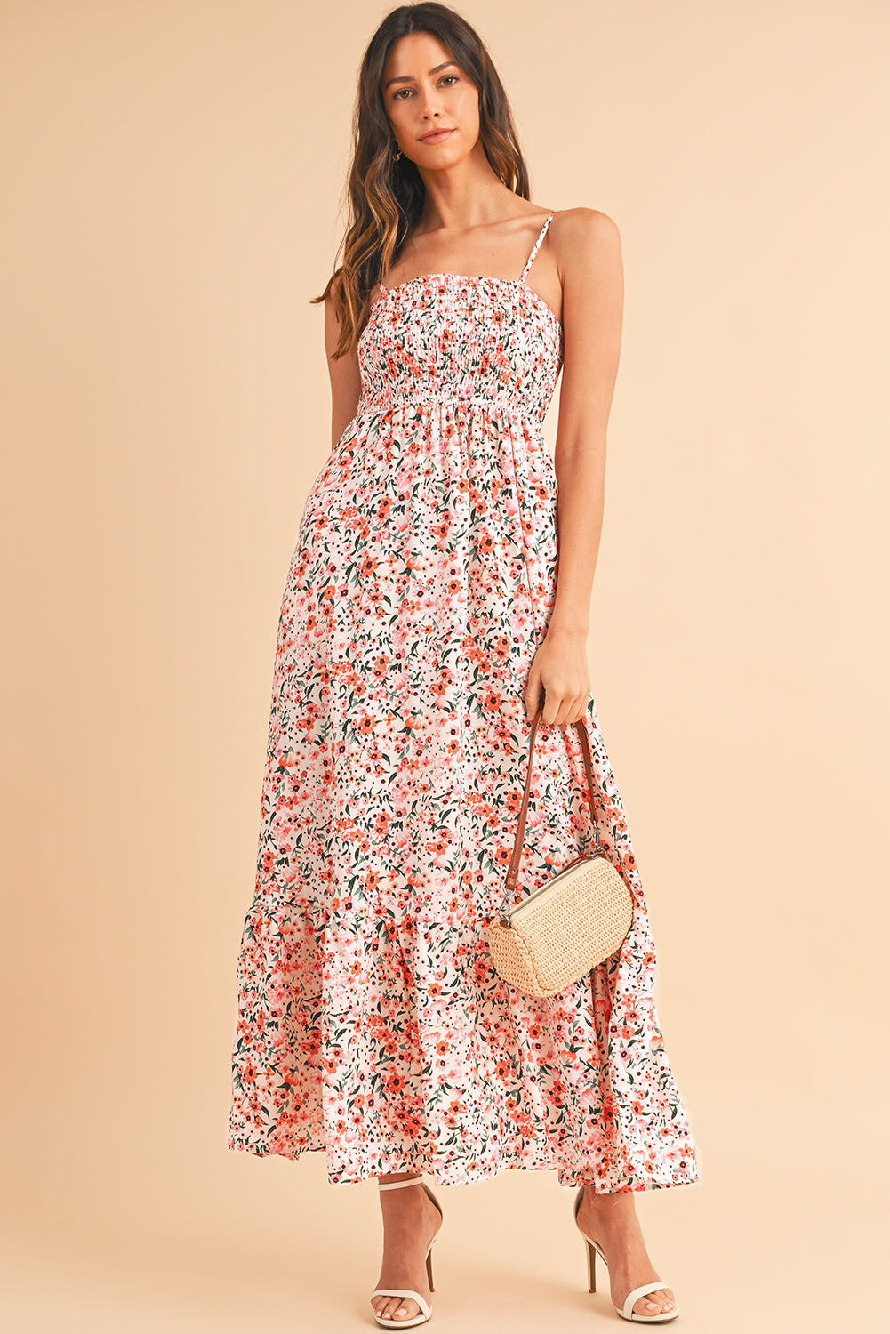 White Boho Floral Self-tie Smocked Ruffle Maxi Dress