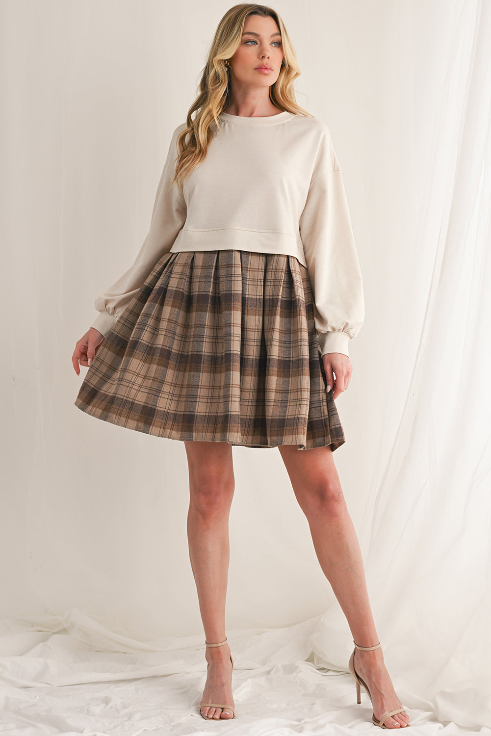 Beige Plaid Patchwork High Waist Sweatshirt Mini Dress