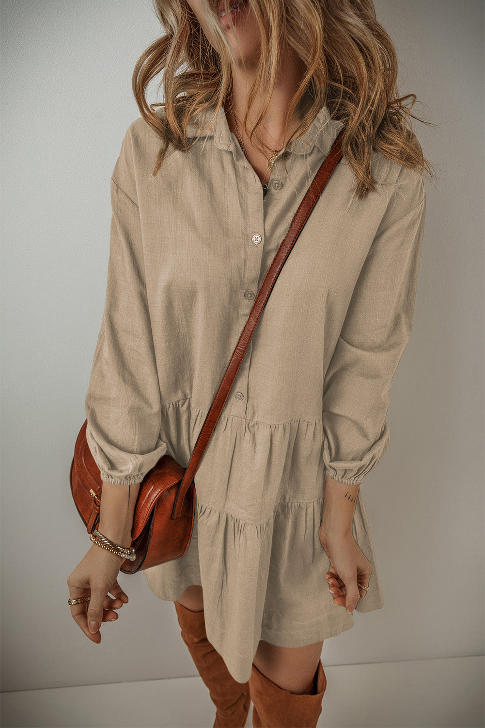 Tan Puff Sleeve Buttoned Tiered Pleated Mini Shirt Dress