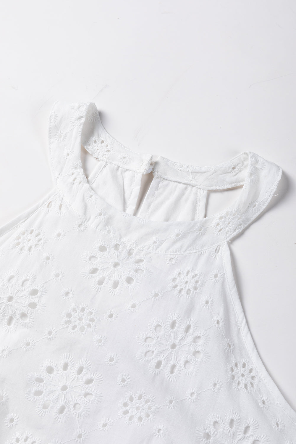 White Lace Eyelet Sleeveless O-Neck Keyhole Back Mini Dress