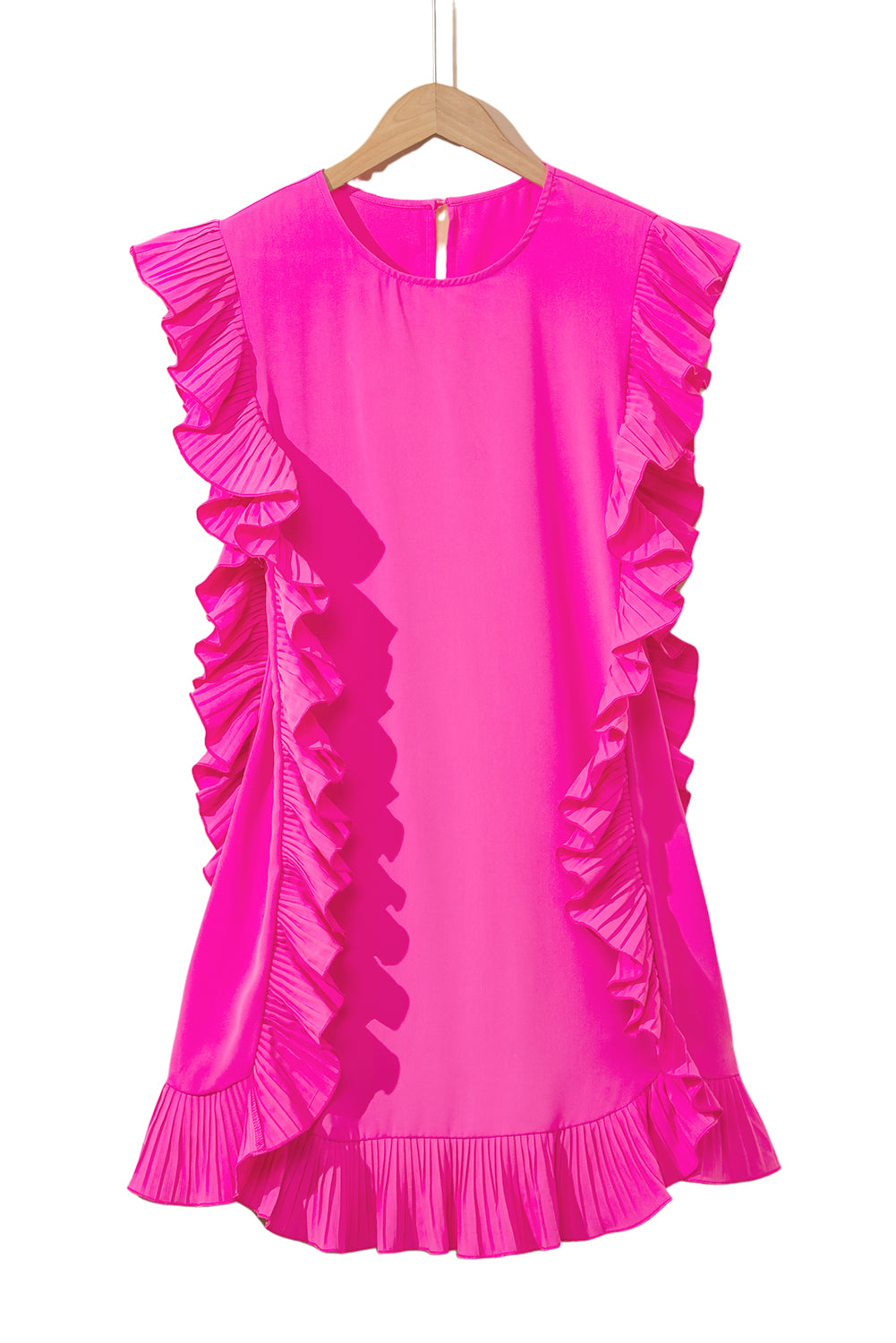 Bright Pink Ruffle Trim Short Sleeve Mini Dress