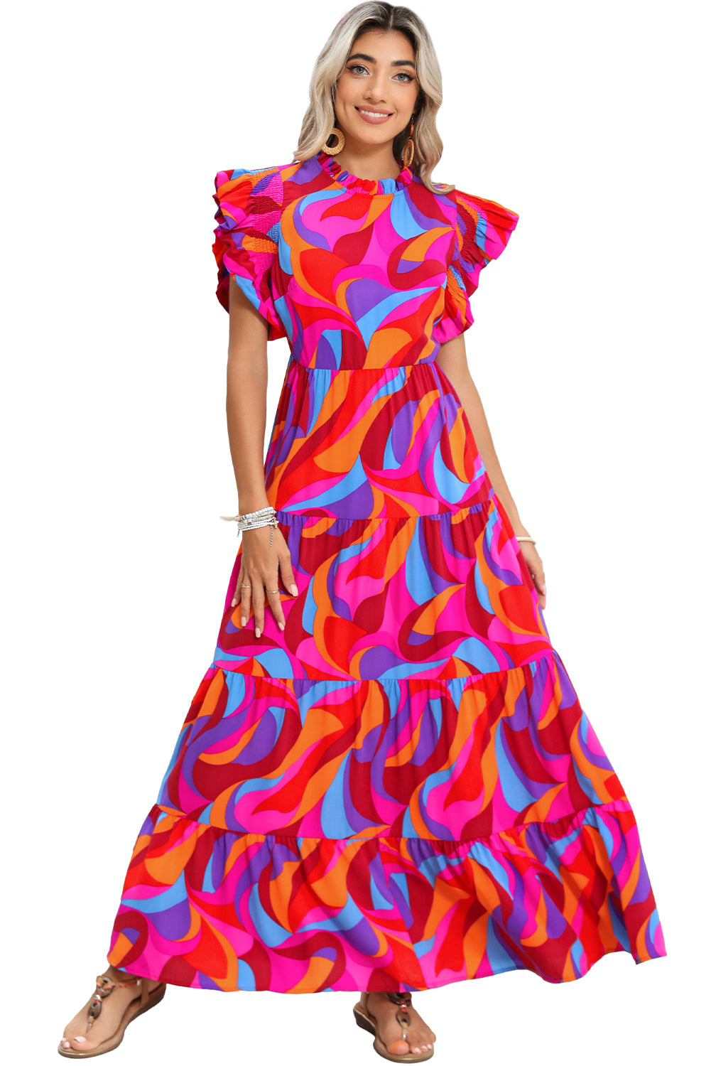 Orange Abstract Print High Waist Ruffle Tiered Maxi Dress