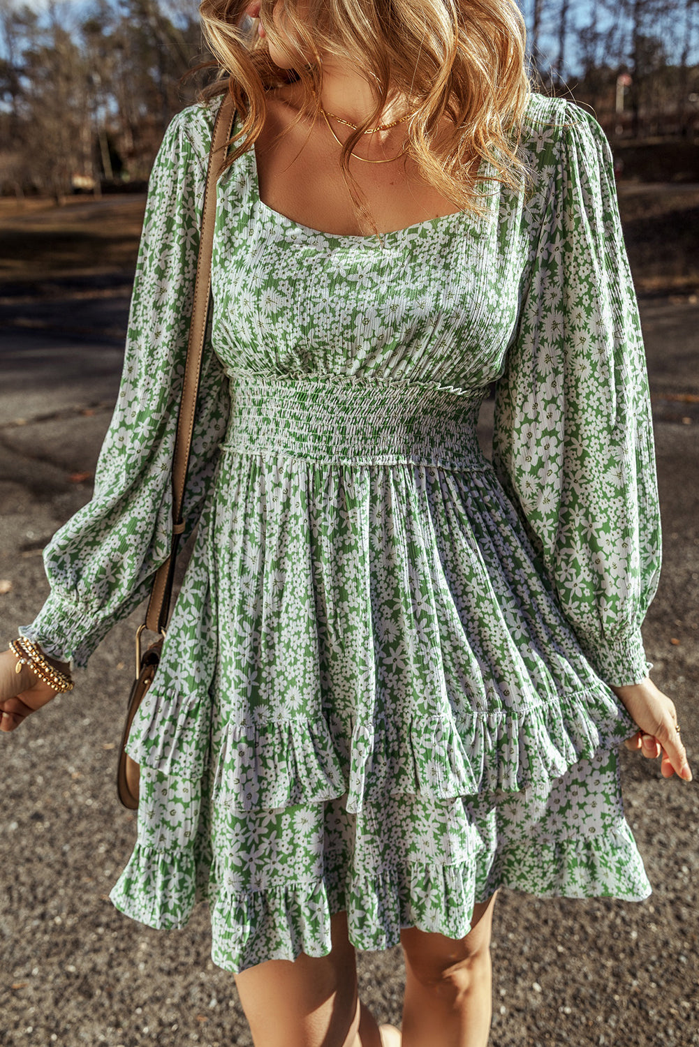 Green Floral Print Square Neck Smocked Waist Tiered Ruffle Mini Dress