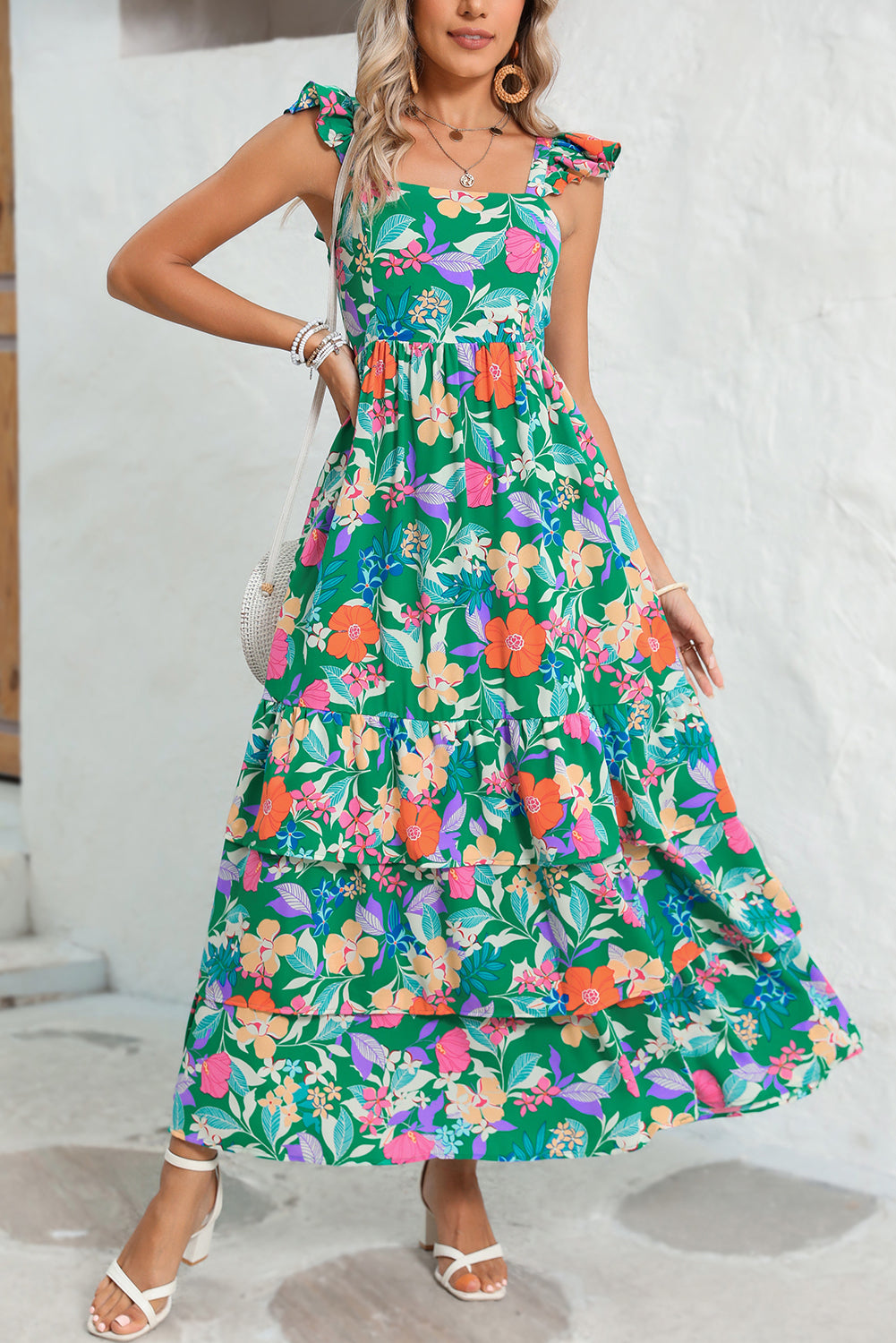 Pink Floral Print Sleeveless Ruffle Tiered Maxi Dress