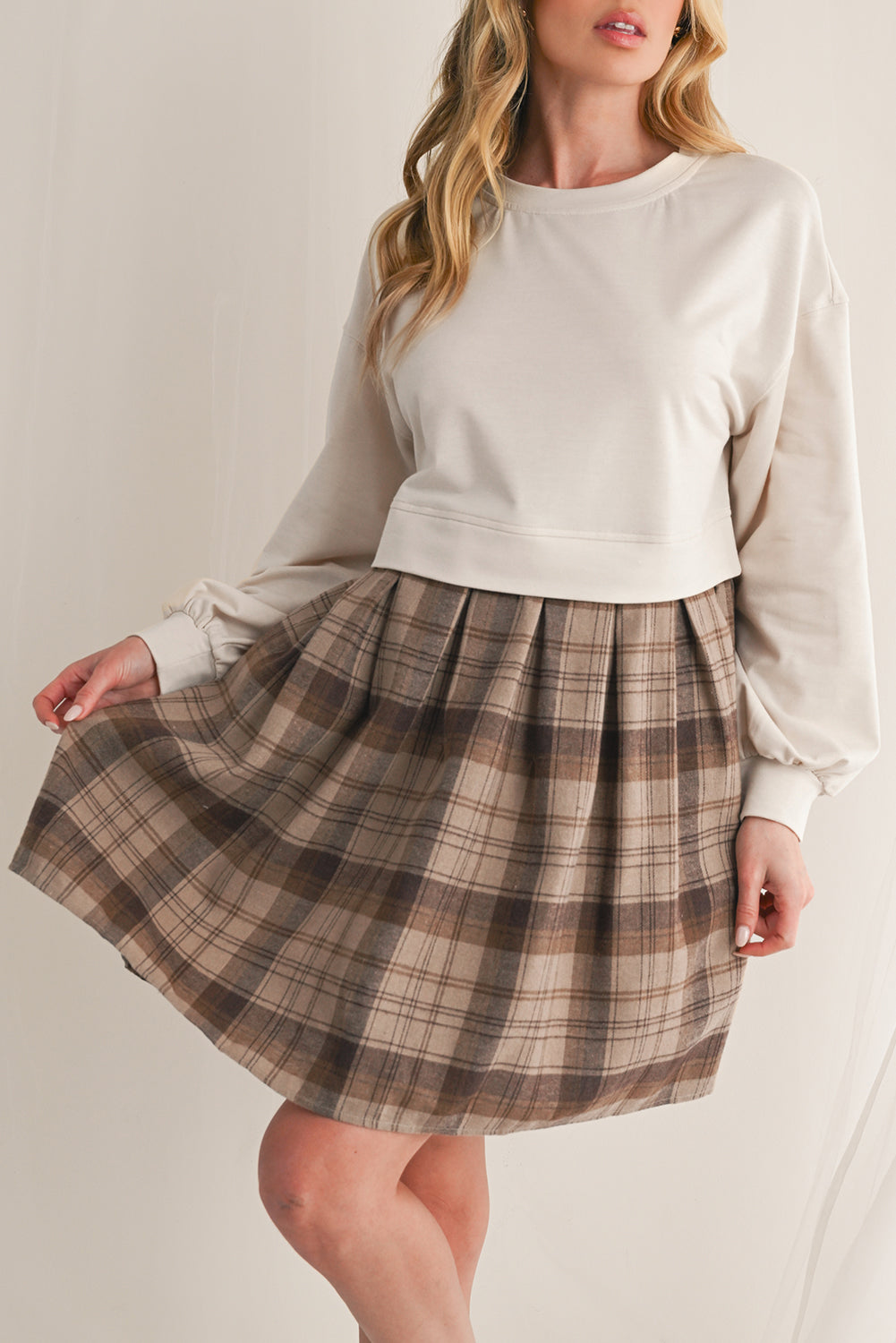 Beige Plaid Patchwork High Waist Sweatshirt Mini Dress