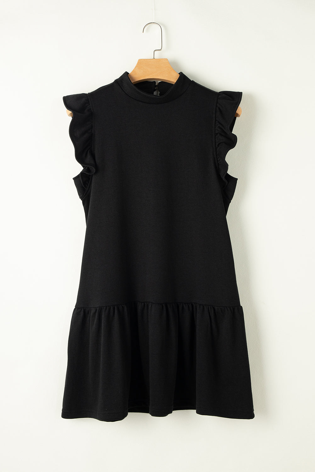 Black Solid Color Ruffle Hem Mini Sweatshirt Dress