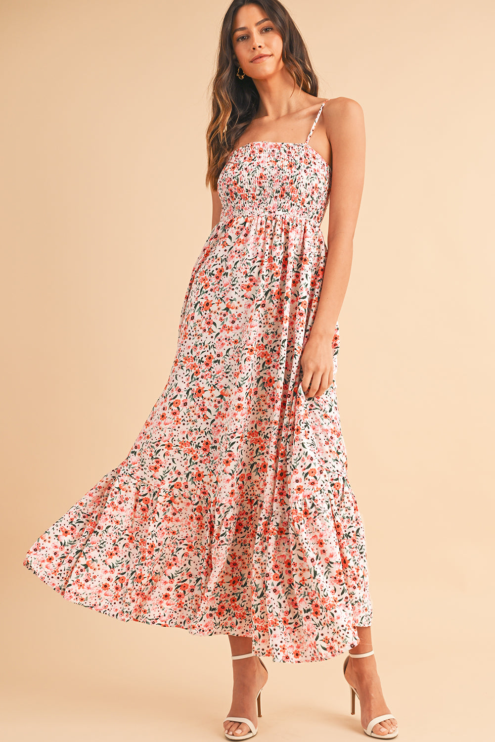 White Boho Floral Self-tie Smocked Ruffle Maxi Dress