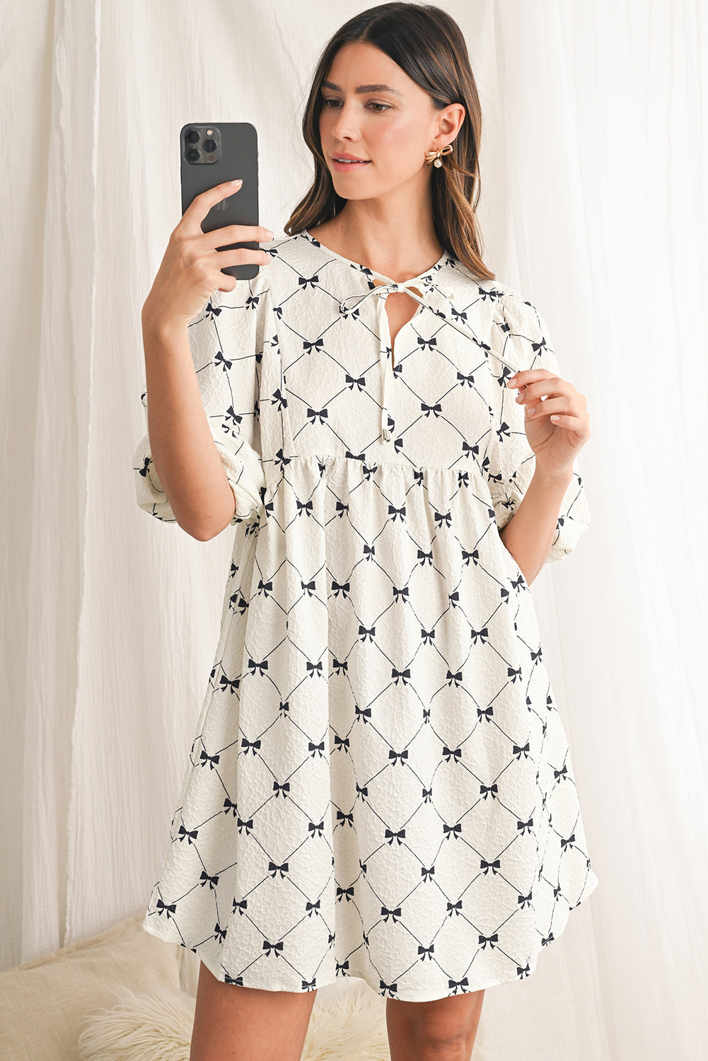 White Sweet Bow Print Lantern Sleeve Mini Dress