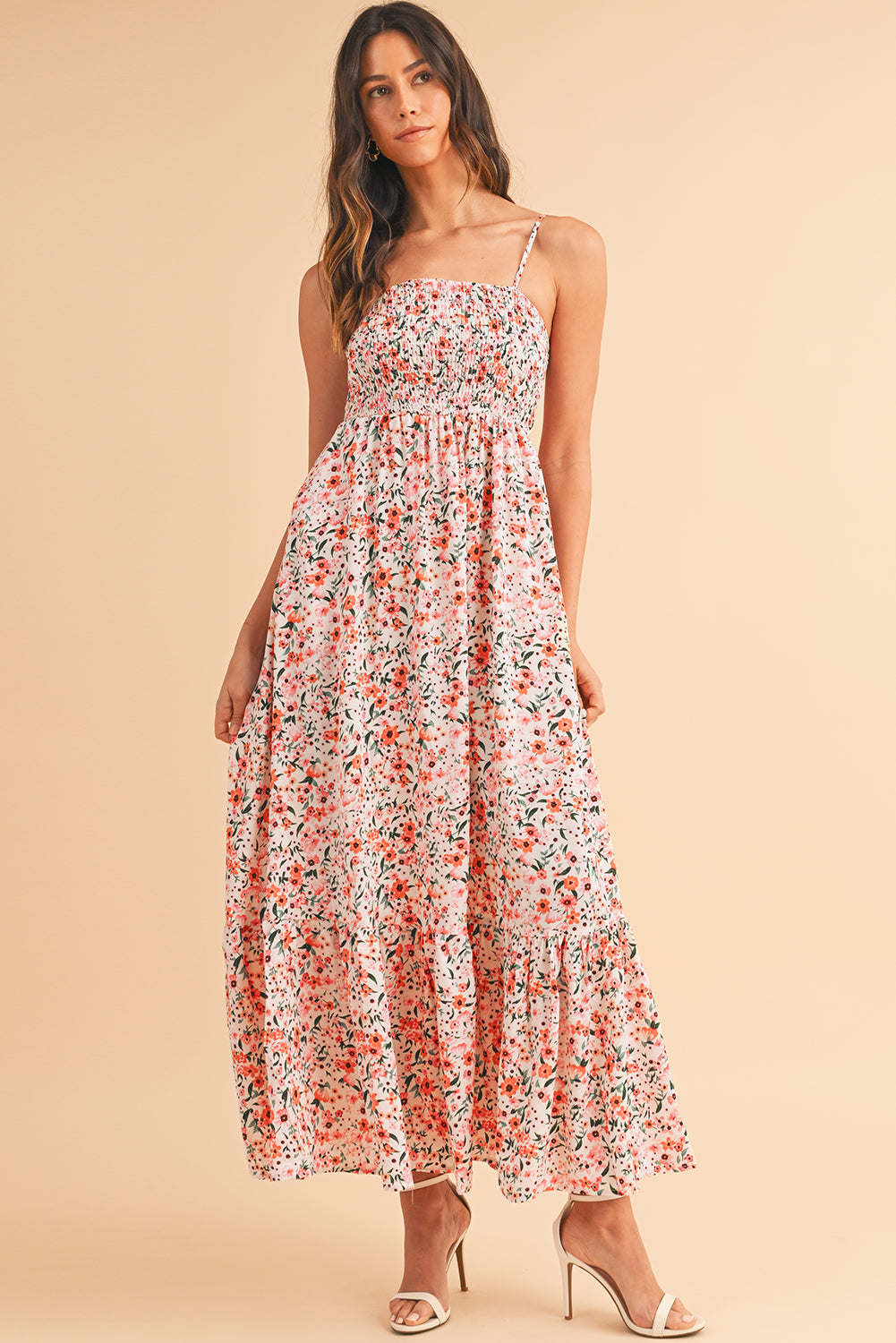 White Boho Floral Self-tie Smocked Ruffle Maxi Dress