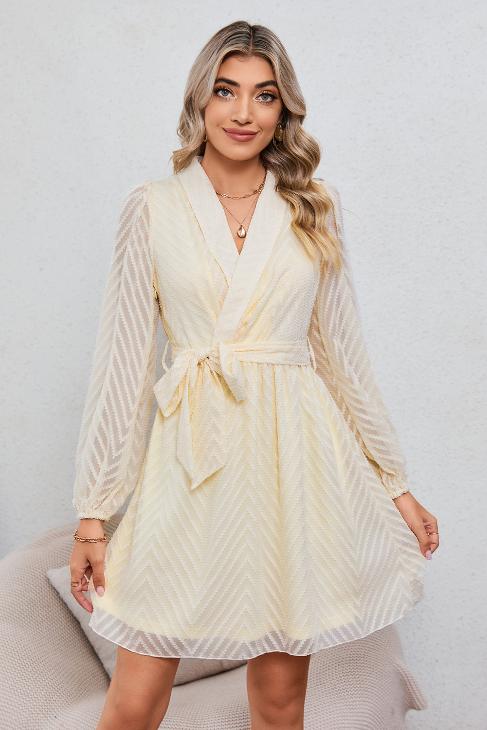 Apricot Textured Wrap V Neck Waist Belted Long Sleeve Dress