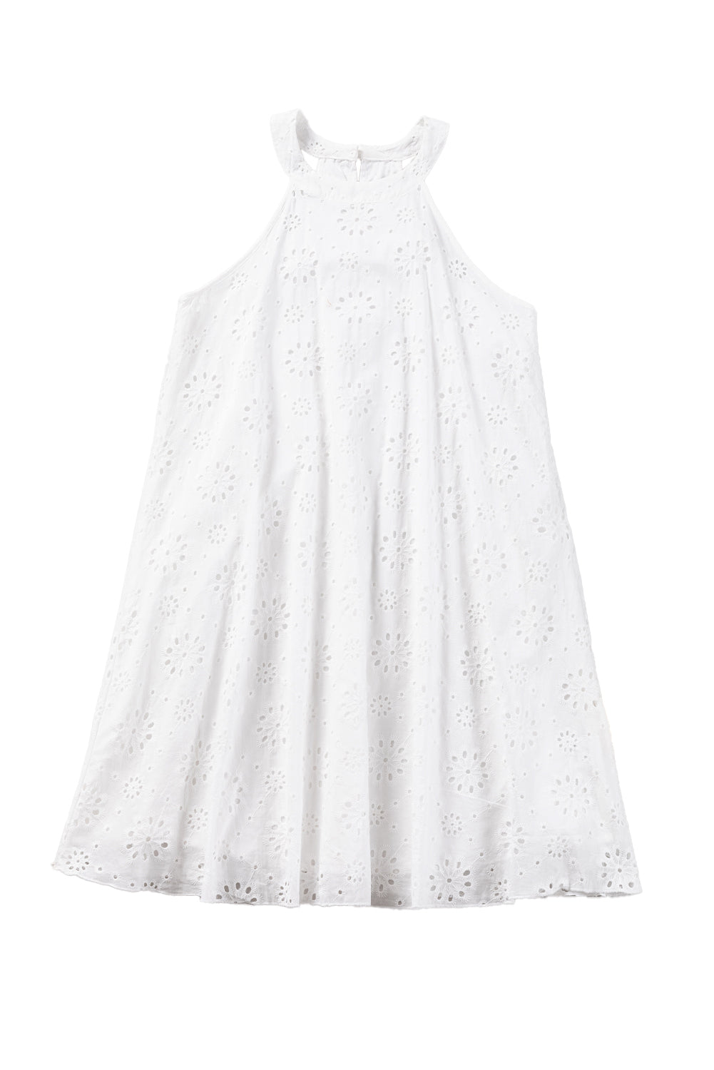 White Lace Eyelet Sleeveless O-Neck Keyhole Back Mini Dress