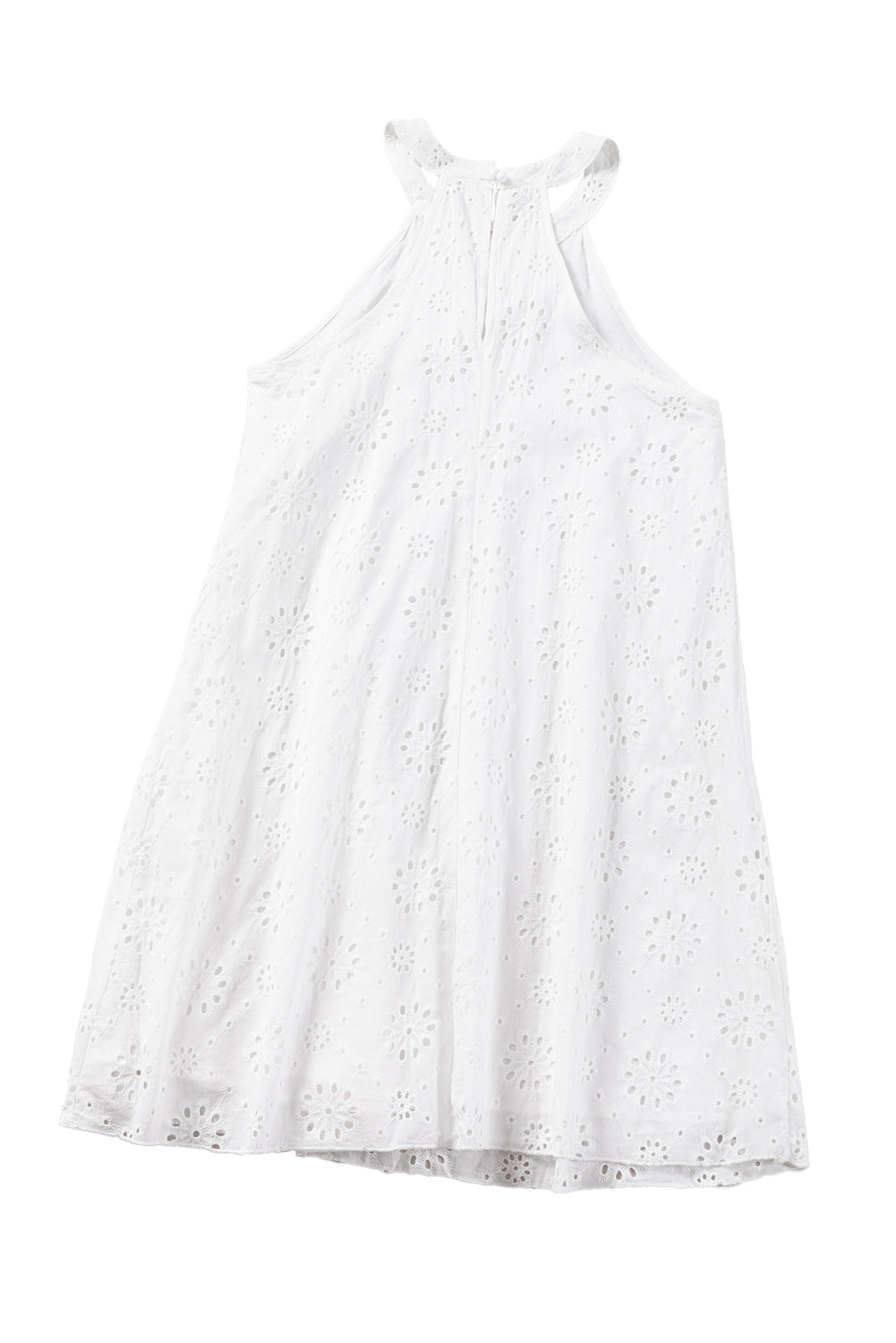 White Lace Eyelet Sleeveless O-Neck Keyhole Back Mini Dress