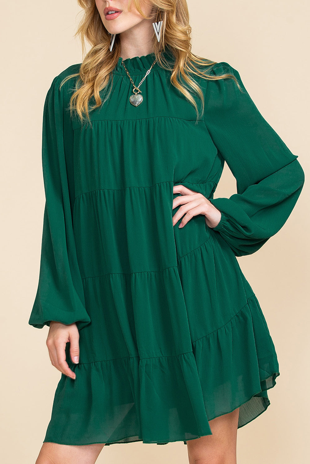 Green Mock Neck Solid Color Pleated Mini Dress